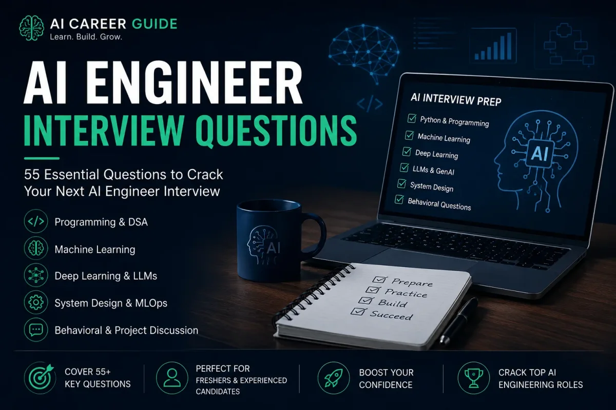 AI engineer interview preparation infographic covering coding, machine learning, deep learning, system design, behavioral questions, and interview strategy.