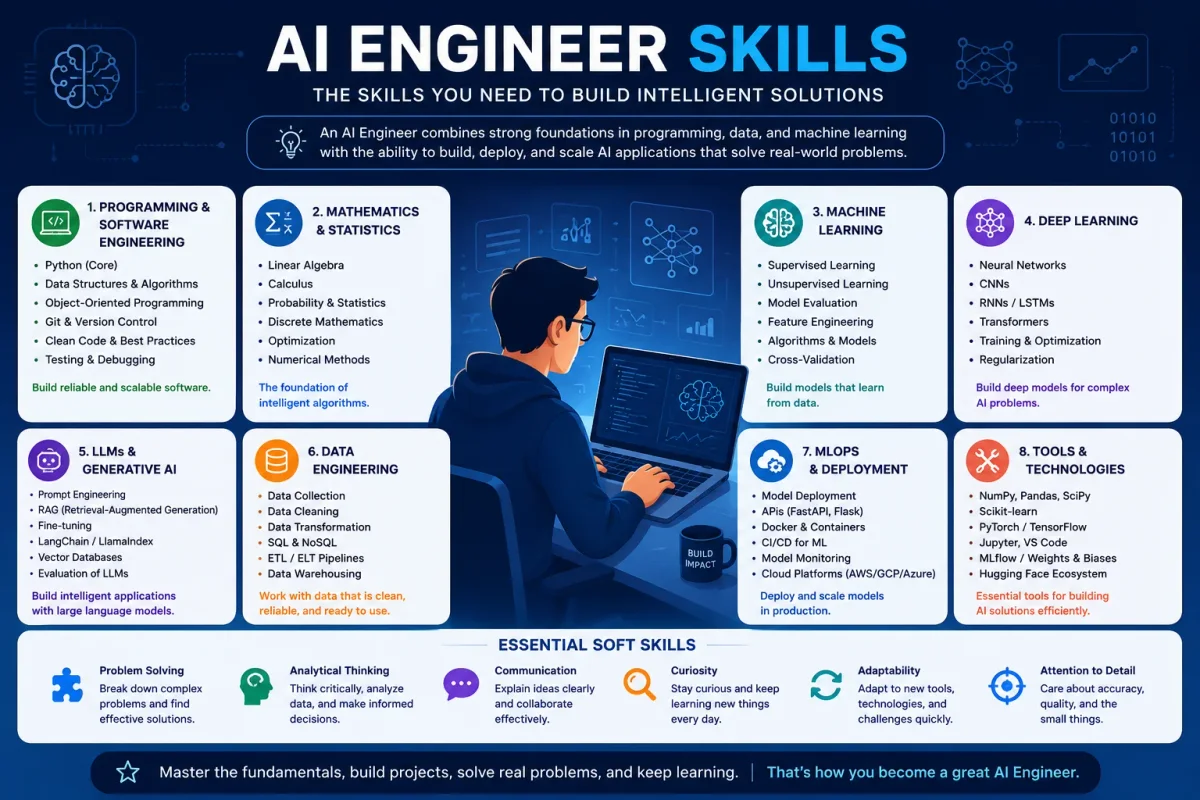 AI engineer skills infographic covering programming, machine learning, deep learning, LLMs, deployment, system design, and professional skills.