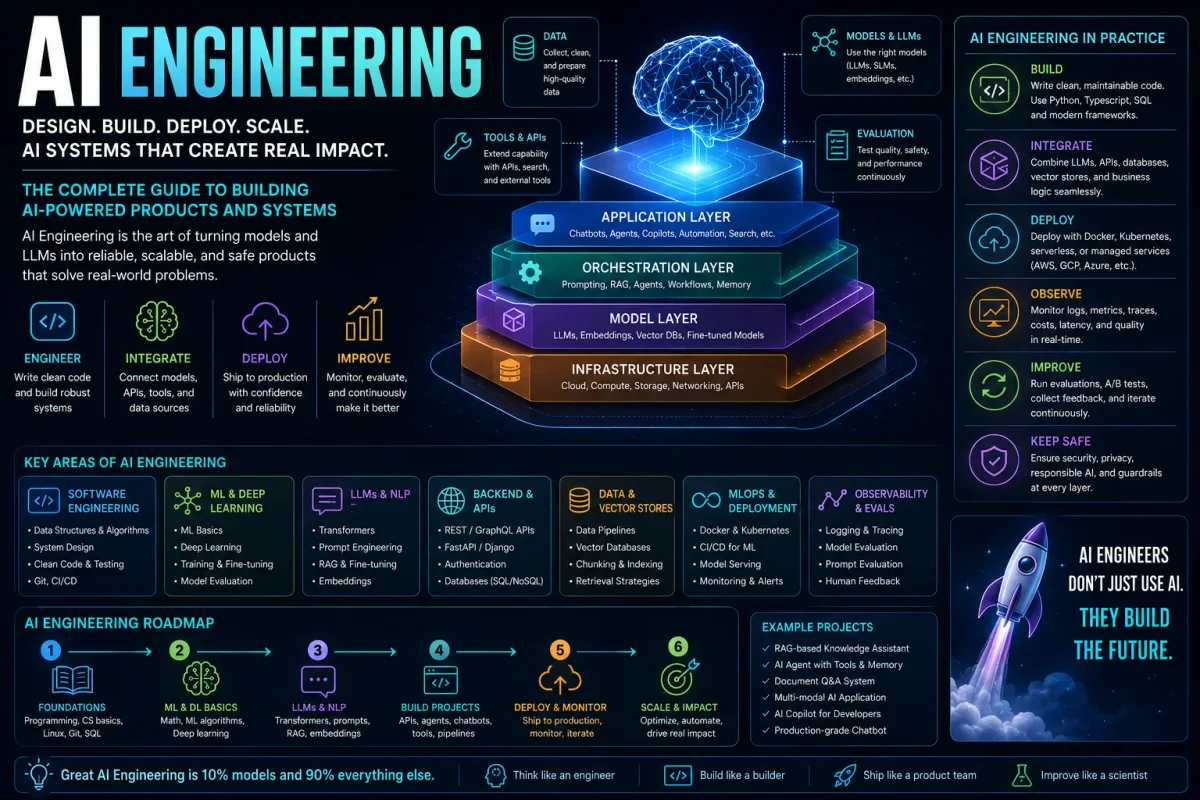 AI engineering infographic showing application, data, model, evaluation, deployment, and observability layers in a production AI system.