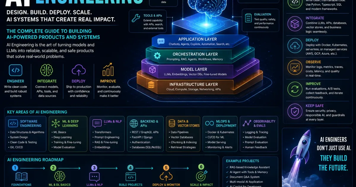 AI engineering infographic showing application, data, model, evaluation, deployment, and observability layers in a production AI system.