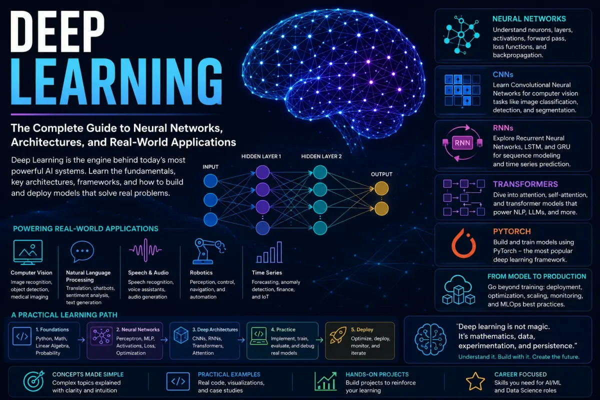 Deep learning infographic showing neural networks, training, architectures, optimization, applications, and a practical learning path.