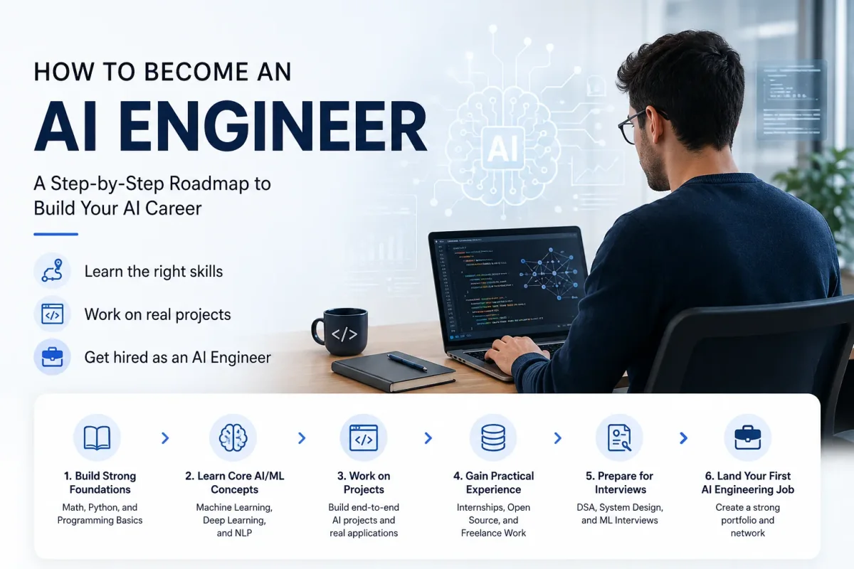 AI engineer roadmap graphic showing progression from programming and fundamentals to AI systems, projects, deployment, and career preparation.