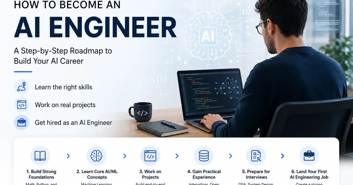 AI engineer roadmap graphic showing progression from programming and fundamentals to AI systems, projects, deployment, and career preparation.