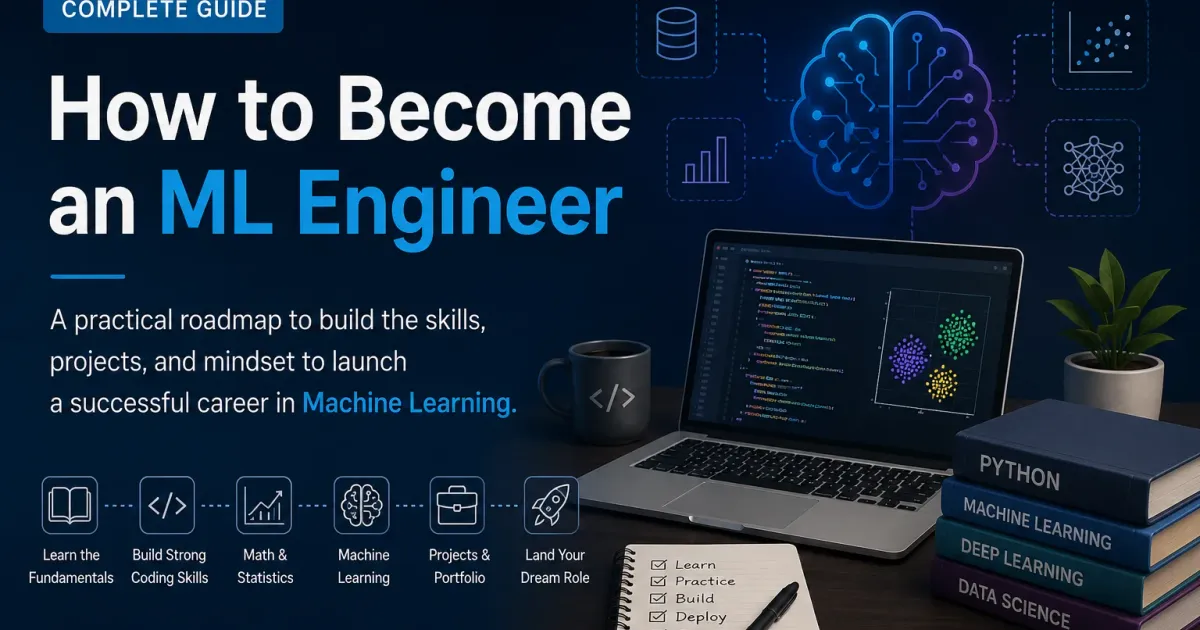 Machine learning engineer roadmap showing Python, mathematics, machine learning, projects, deployment, and career preparation.