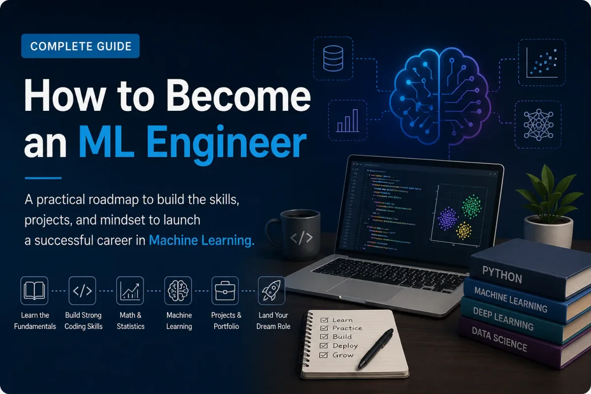 Machine learning engineer roadmap showing Python, mathematics, machine learning, projects, deployment, and career preparation.