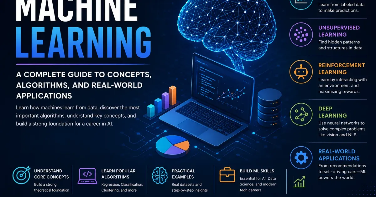 Machine learning infographic covering supervised and unsupervised learning, algorithms, evaluation, overfitting, projects, and the learning path.