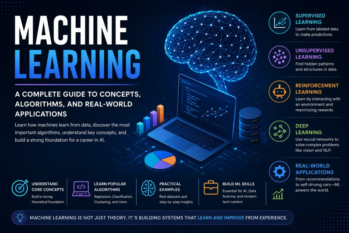 Machine learning infographic covering supervised and unsupervised learning, algorithms, evaluation, overfitting, projects, and the learning path.