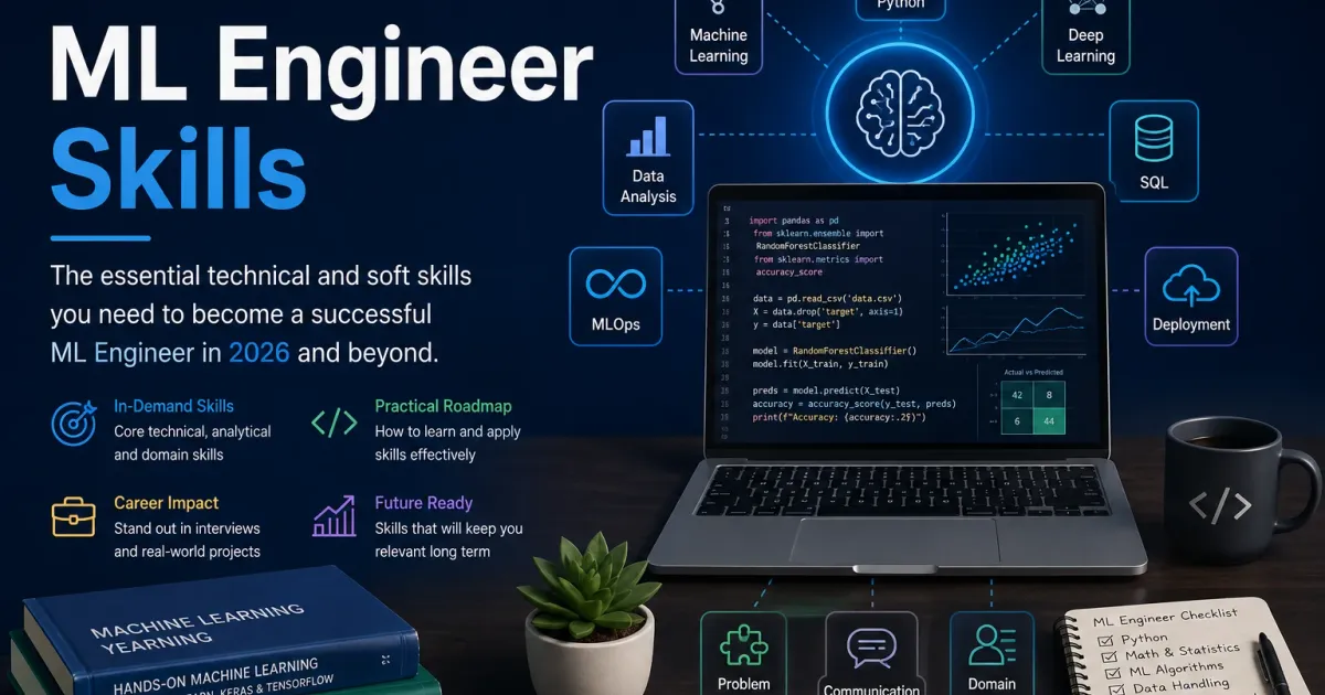 ML engineer skills visual showing Python, machine learning, deep learning, SQL, MLOps, deployment, problem solving, communication, and domain knowledge.