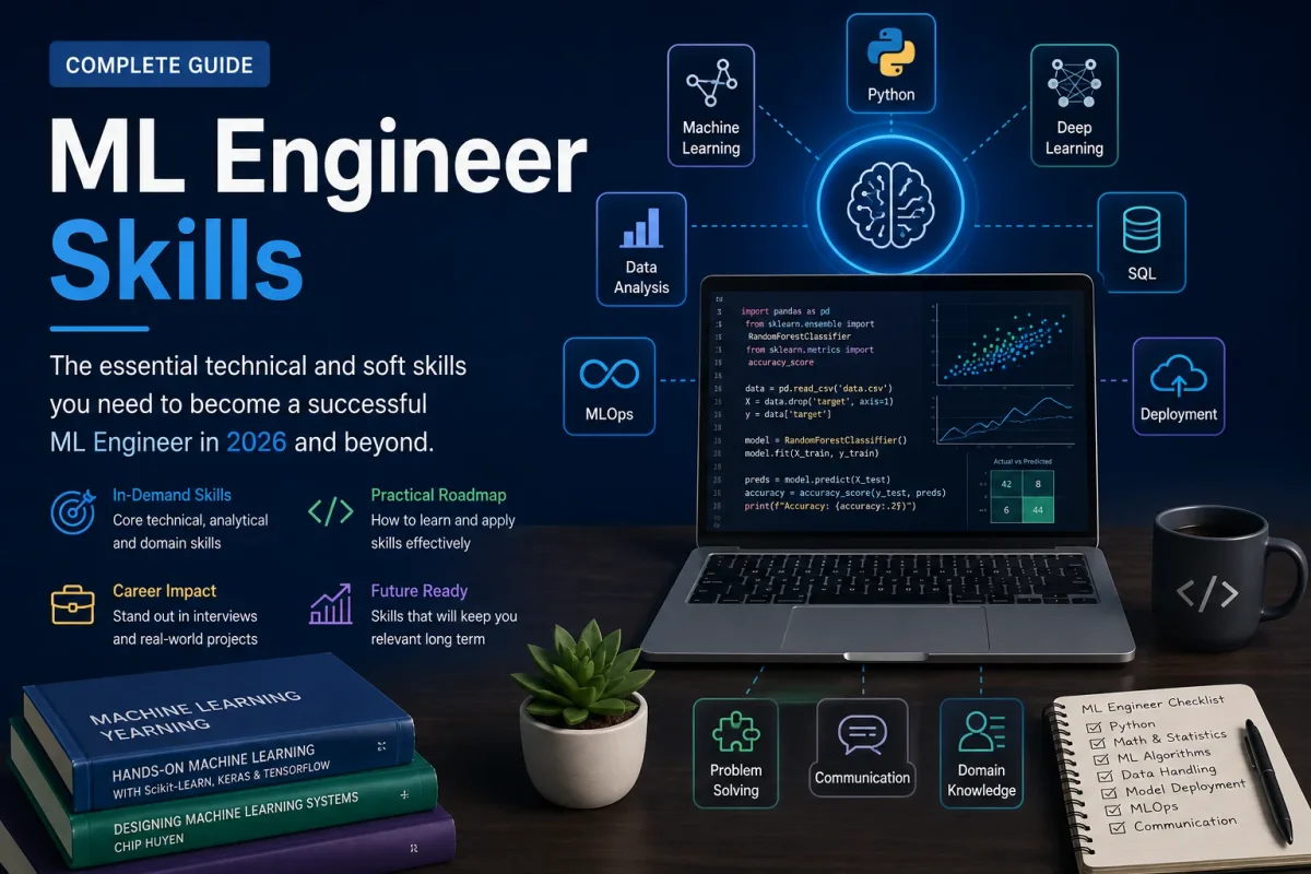 ML engineer skills visual showing Python, machine learning, deep learning, SQL, MLOps, deployment, problem solving, communication, and domain knowledge.