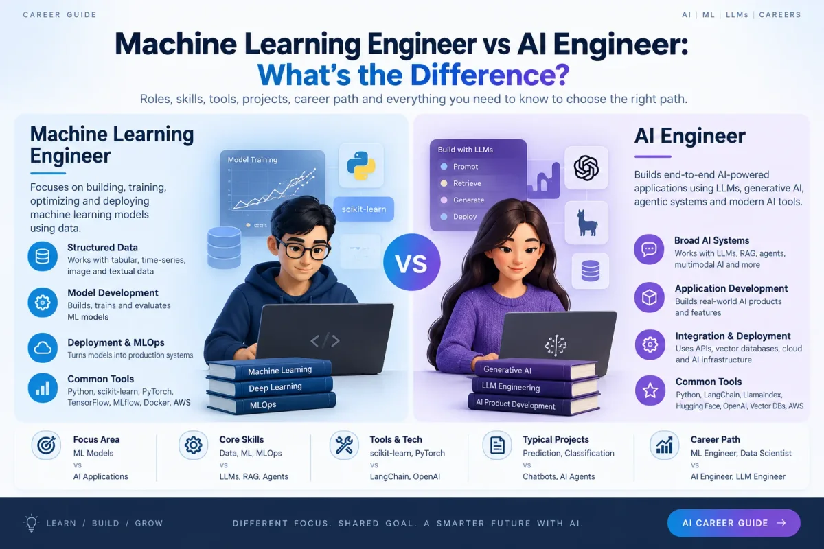 Machine Learning Engineer vs AI Engineer comparison showing their focus areas, skills, tools, projects, and career paths.