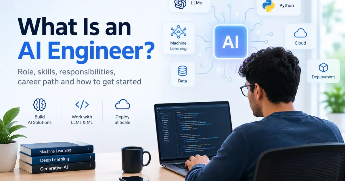 AI engineer career infographic showing responsibilities, core skills, production workflow, tools, projects, and career path.