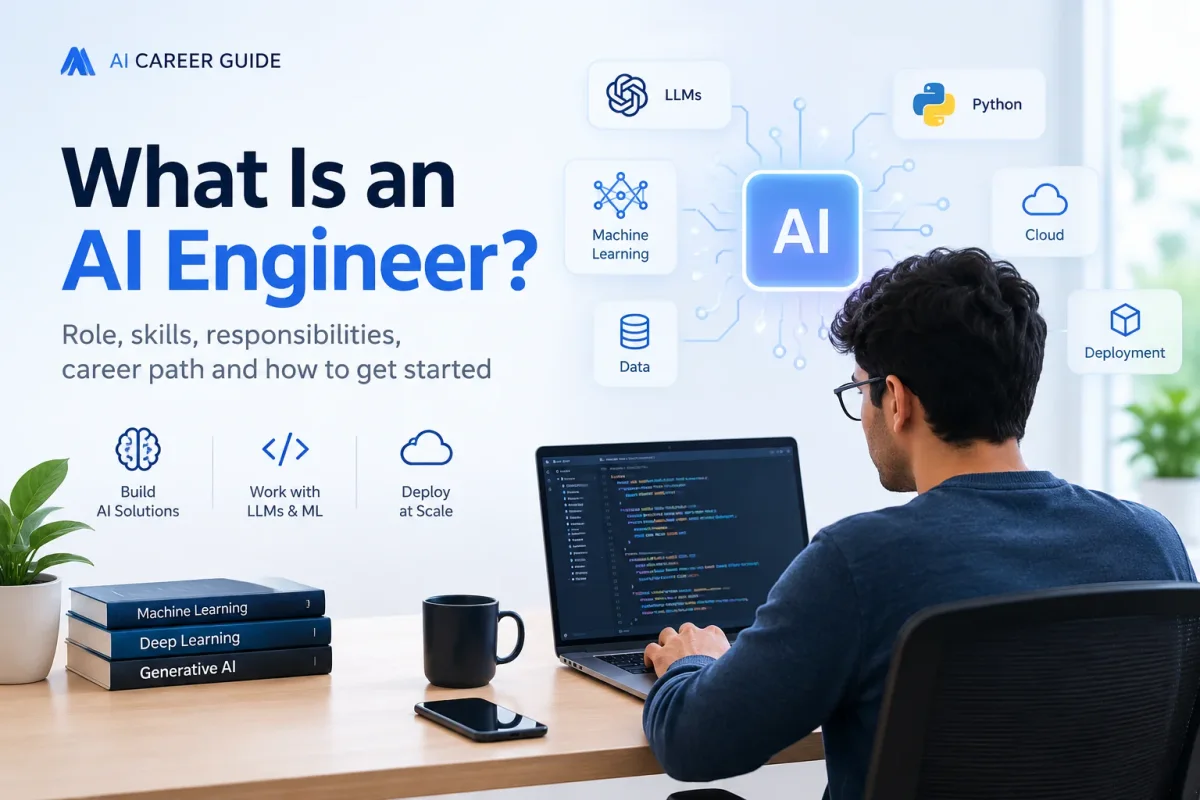 AI engineer career infographic showing responsibilities, core skills, production workflow, tools, projects, and career path.