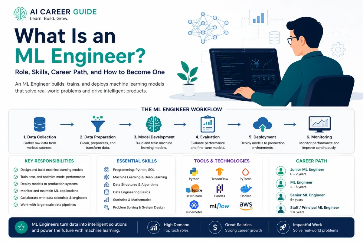 Machine learning engineer career infographic showing responsibilities, skills, workflow, tools, projects, and the path into ML engineering.