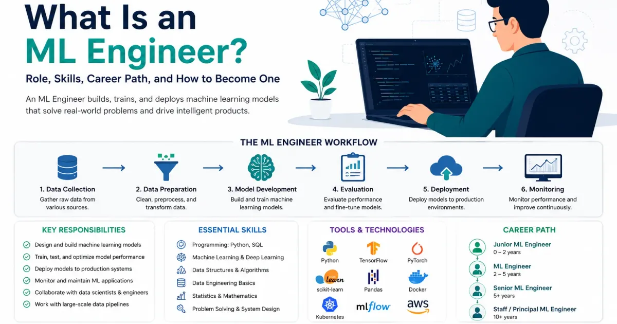 Machine learning engineer career infographic showing responsibilities, skills, workflow, tools, projects, and the path into ML engineering.
